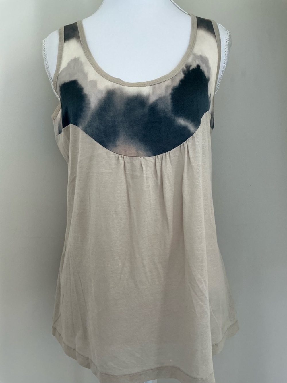 Beige Tank Top with Black Tie-Dye Yoke - Casual Scoop Neck